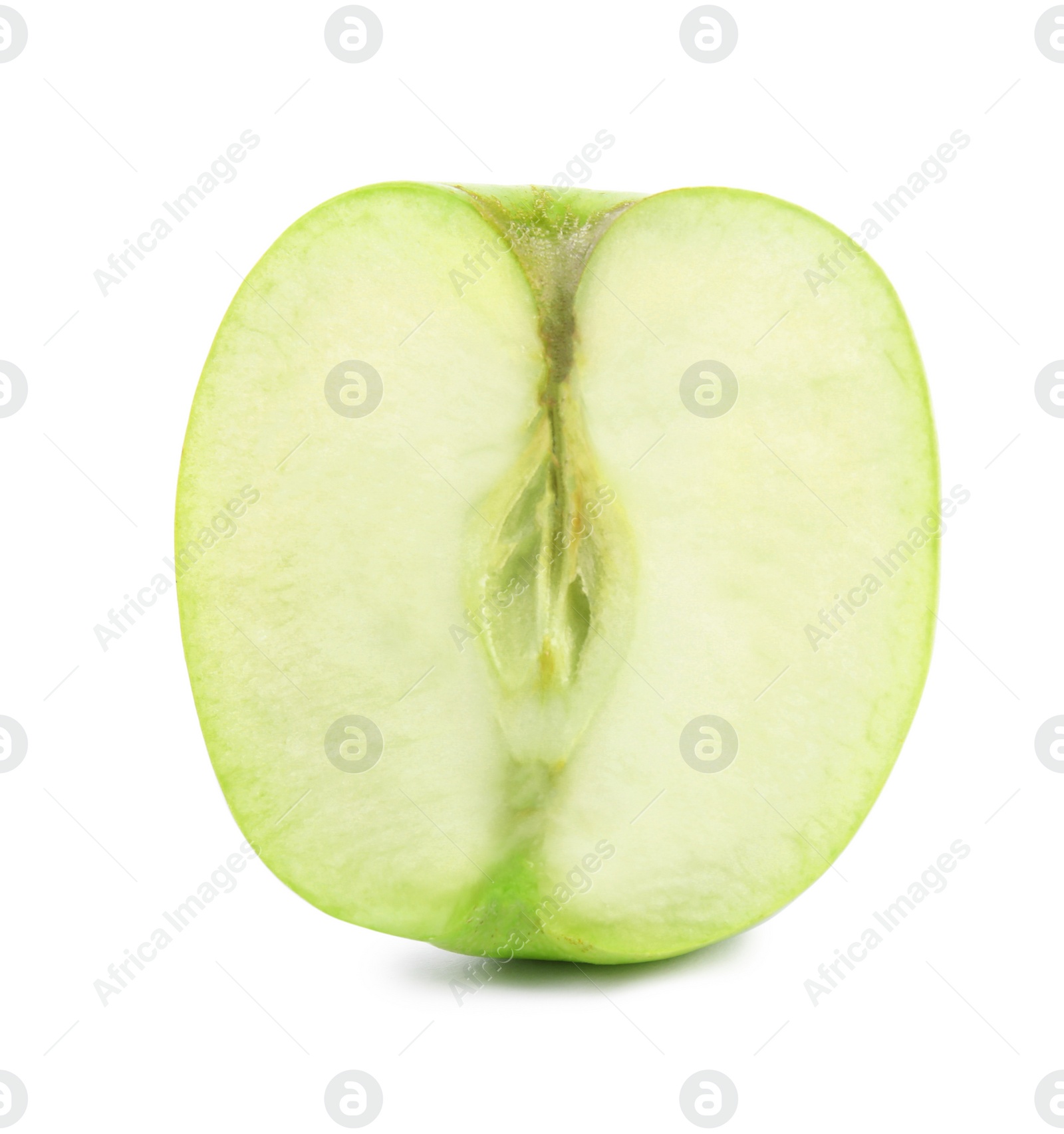 Photo of Half of fresh green apple on white background