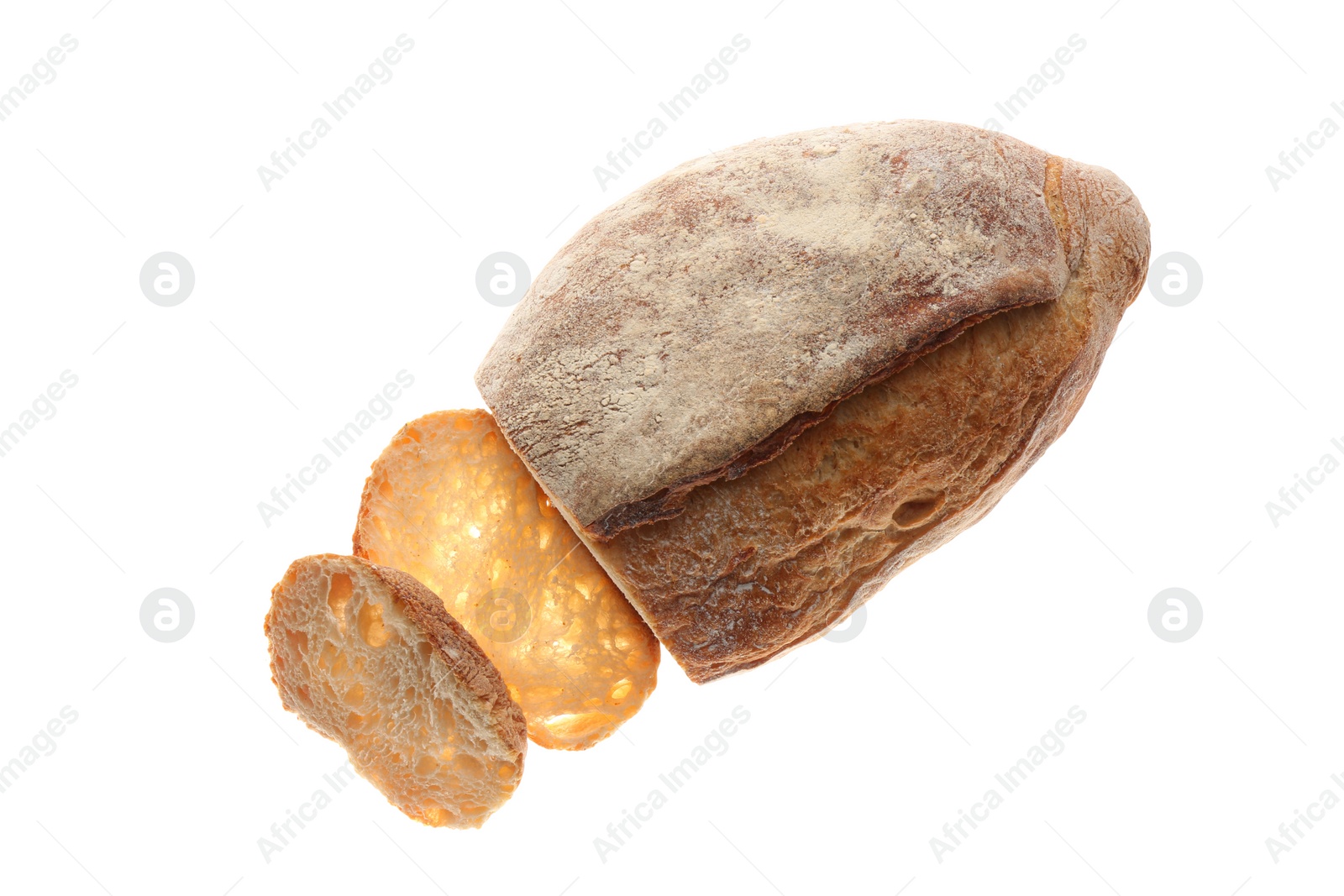 Photo of Cut freshly baked bread isolated on white, top view