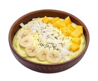 Photo of Tasty smoothie bowl with fresh mango fruit and banana isolated on white