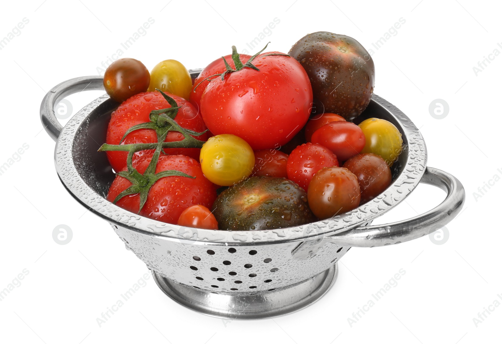 Photo of Metal colander with fresh tomatoes isolated on white