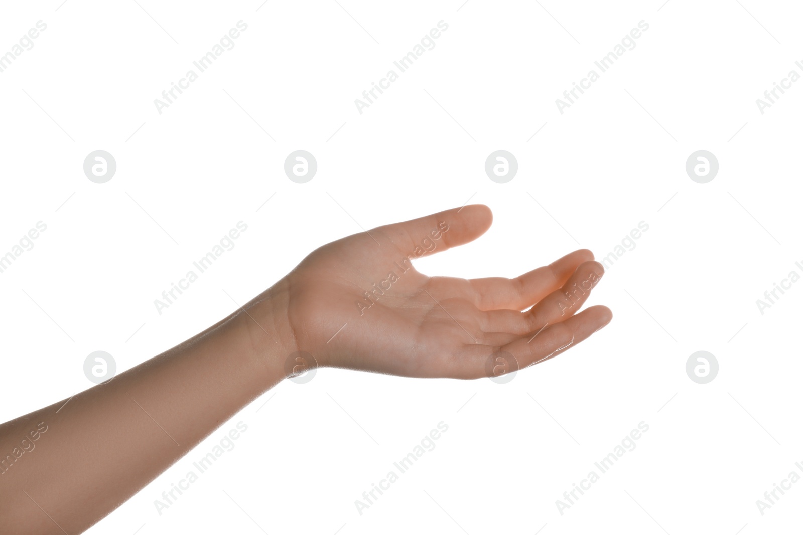 Photo of Child showing hand on white background, closeup