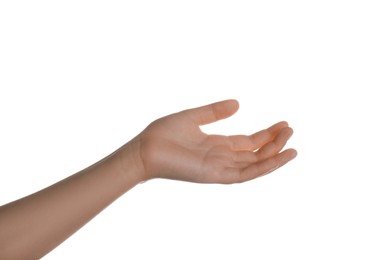 Photo of Child showing hand on white background, closeup