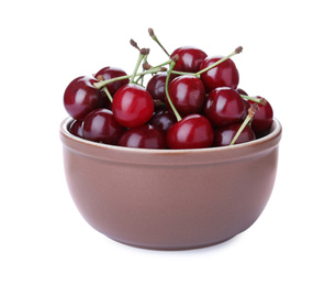 Sweet juicy cherries in bowl isolated on white