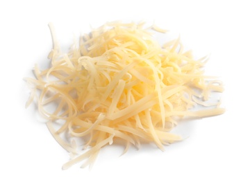 Photo of Heap of grated delicious cheese on white background