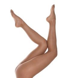 Woman with beautiful long legs wearing tights on white background, closeup