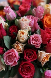 Photo of Bouquet of beautiful roses as background, closeup