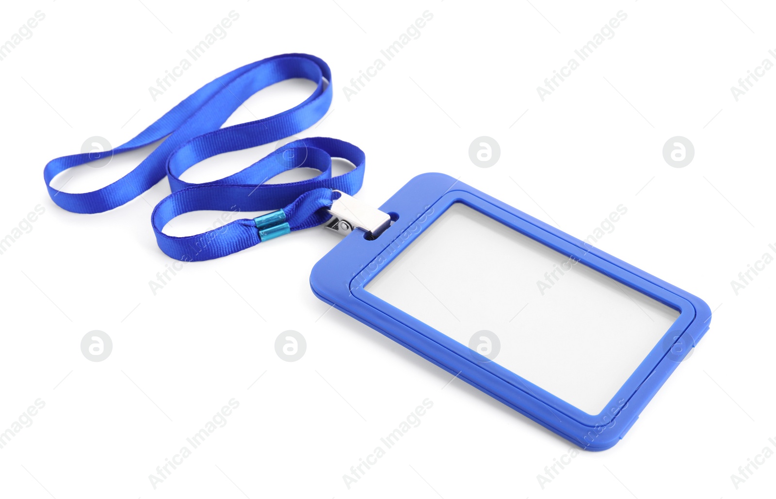 Photo of Blank blue badge with string isolated on white