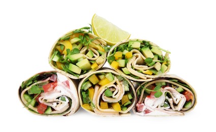 Photo of Delicious sandwich wraps with fresh vegetables and slice of lime isolated on white