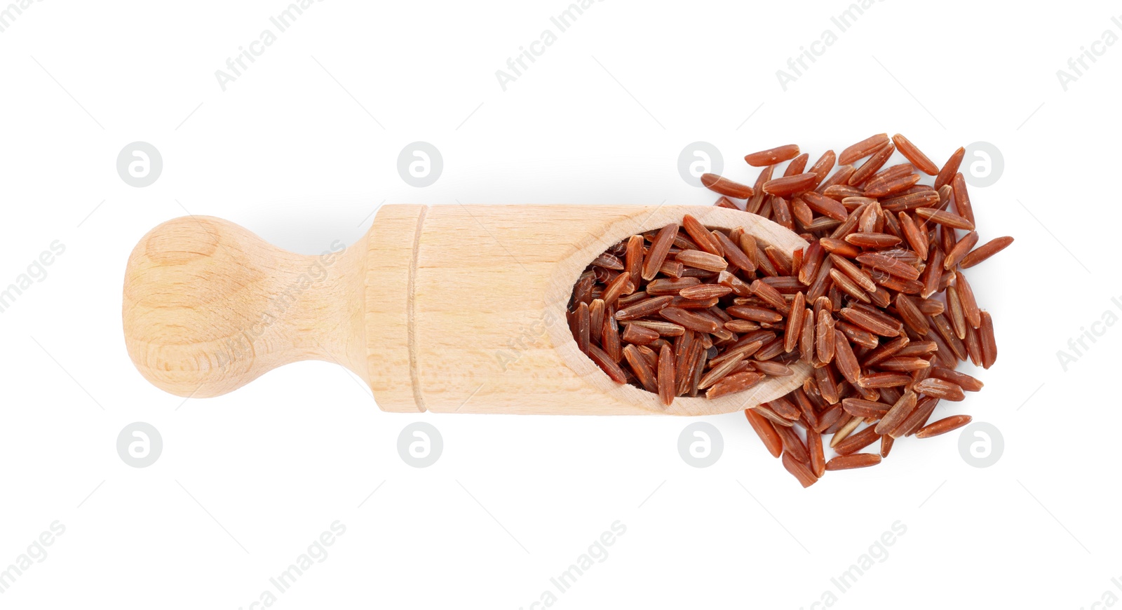 Photo of Scoop with raw red rice isolated on white, top view