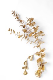 Photo of Shiny golden branch with leaves on white background, top view. Decor element