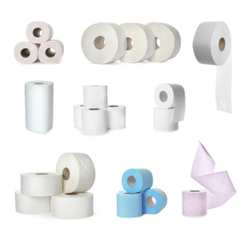 Image of Set with rolls of toilet paper on white background