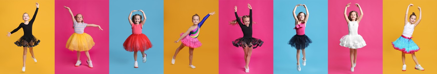 Image of Cute little girls dancing on different colors backgrounds, collection of photos