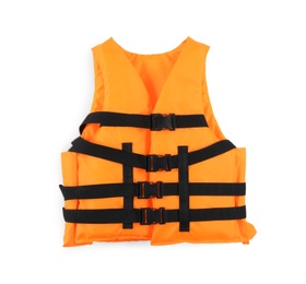 Photo of Orange life jacket isolated on white. Personal flotation device
