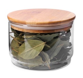 Aromatic bay leaves in glass jar on white background