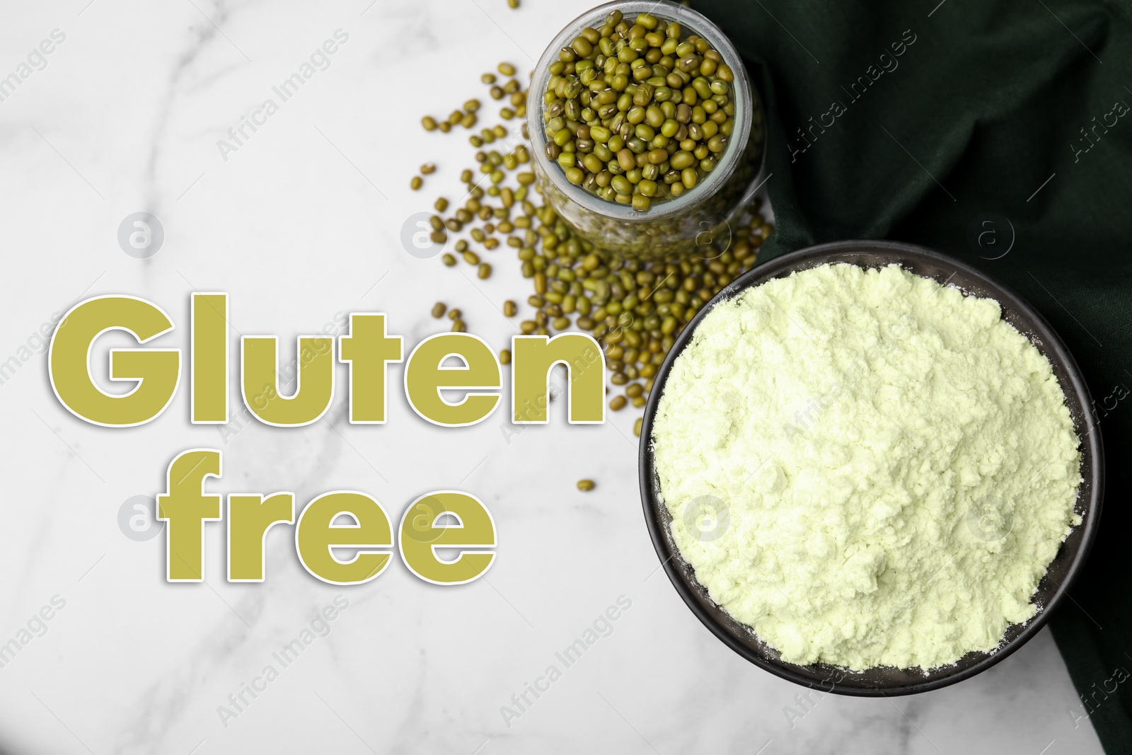 Image of Gluten free products. Mung bean flour in bowl and text on white marble table, top view