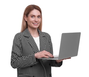 Beautiful happy businesswoman using laptop on white background