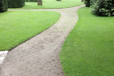 Photo of Pathway surrounded by beautiful green lawn outdoors. Landscape design