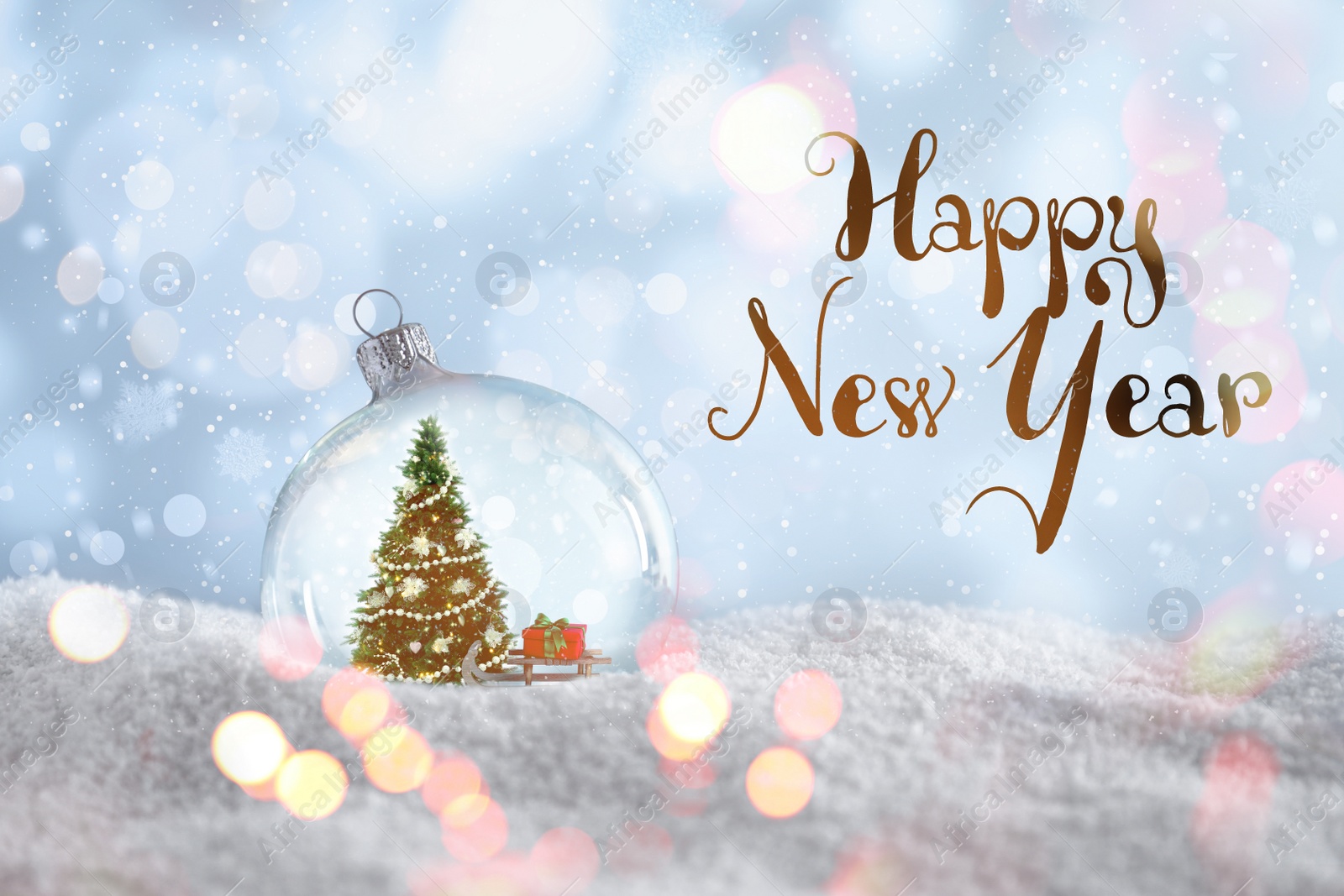 Image of Happy New Year. Beautiful glass ball with Christmas tree and gift on snow against light blue background