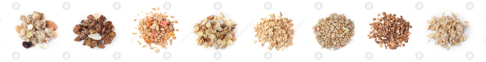Image of Set with piles of different delicious granola on white background, top view. Banner design