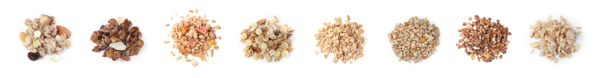 Image of Set with piles of different delicious granola on white background, top view. Banner design