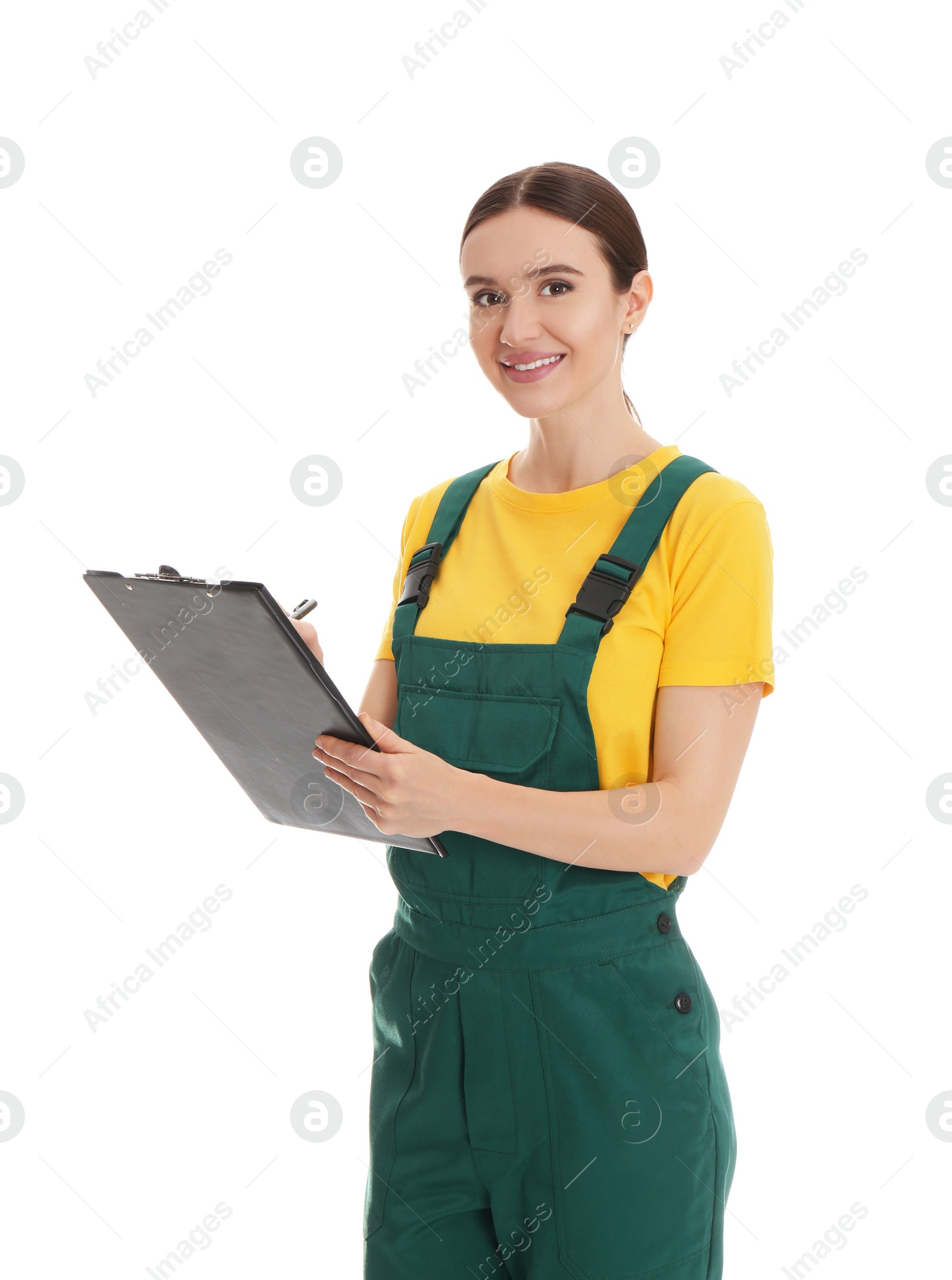 Photo of Portrait of professional auto mechanic with clipboard on white background