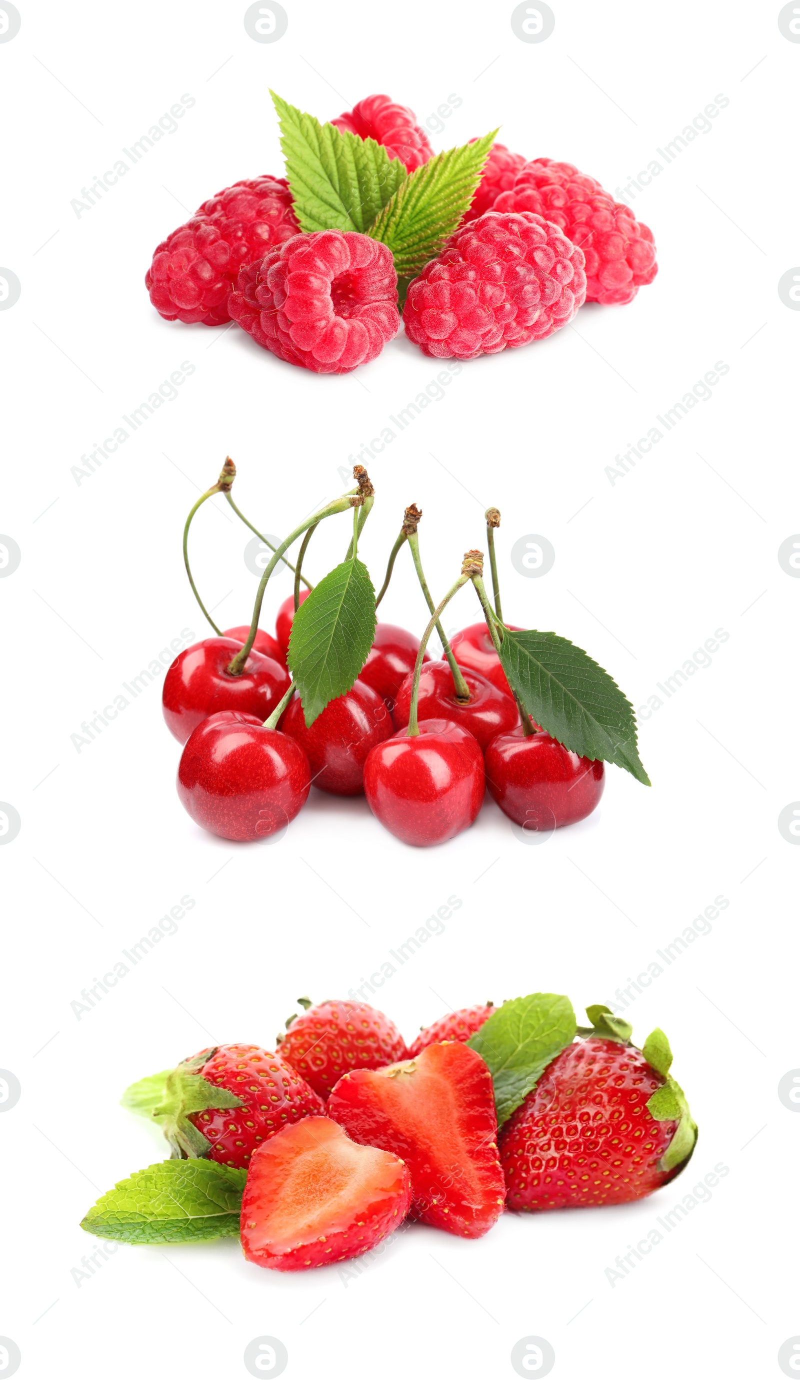 Image of Set of different ripe berries on white background