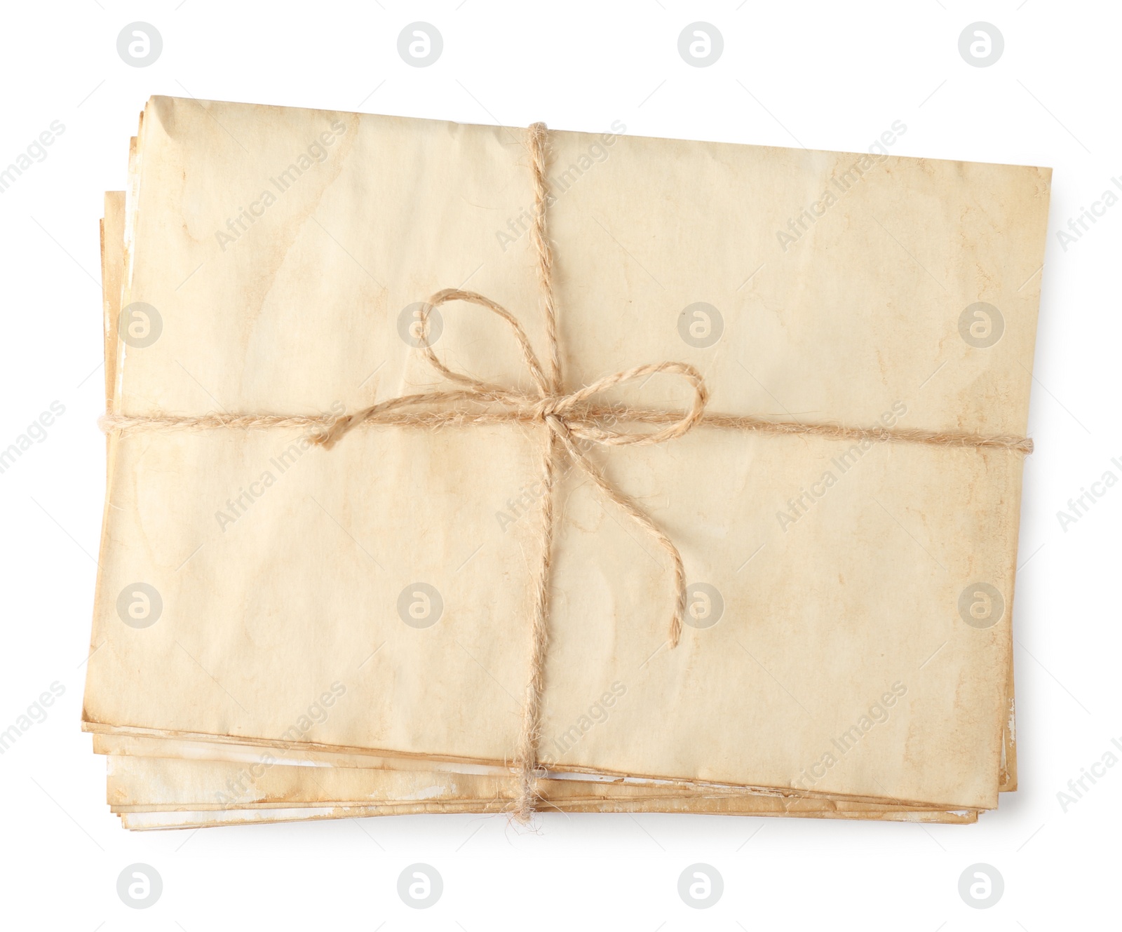 Photo of Stack of old letters wrapped with twine on white background, top view