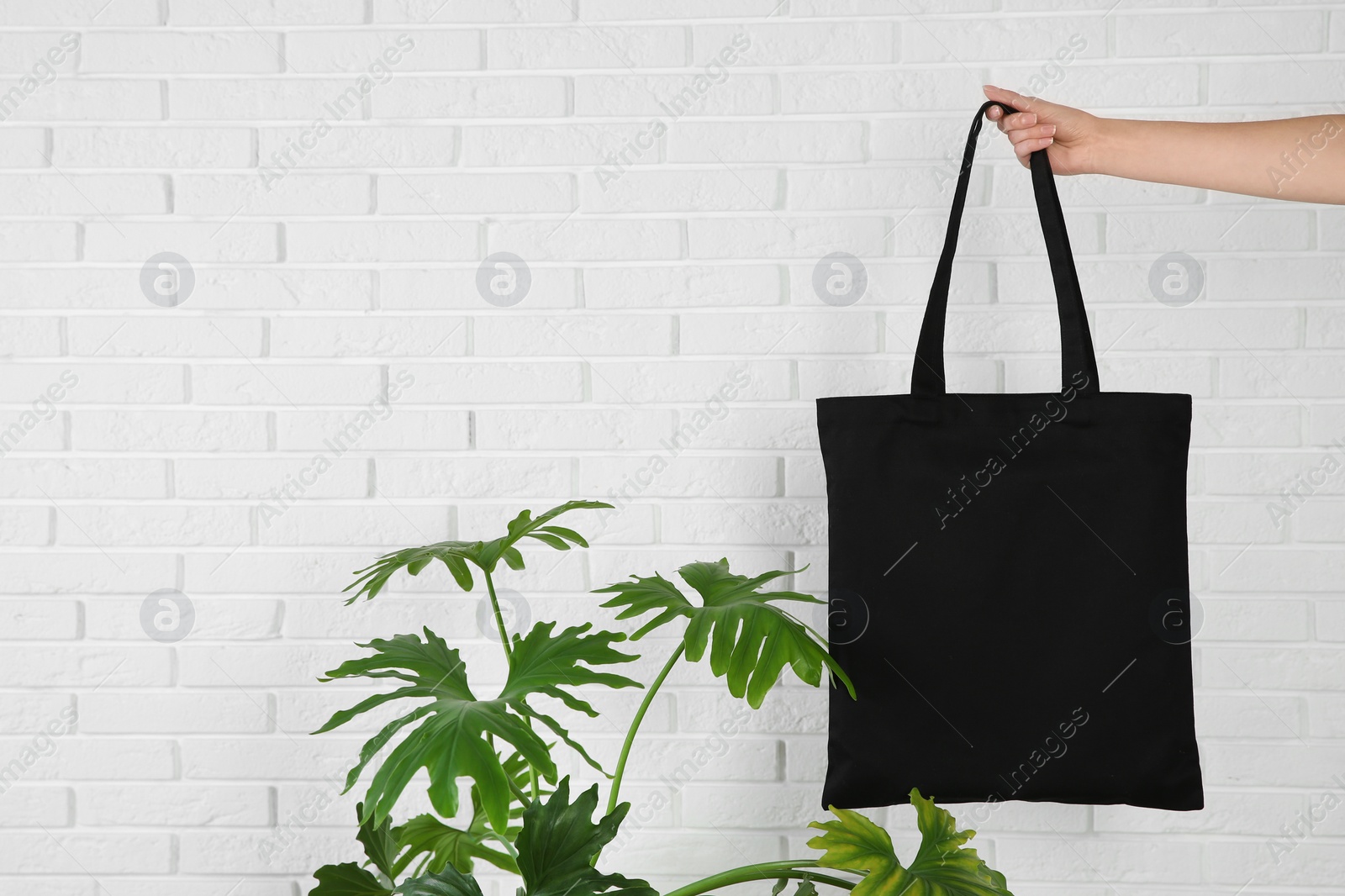 Photo of Woman holding eco bag near green plant and brick wall. Mock up for design