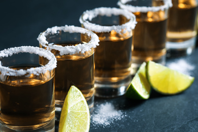 Photo of Mexican Tequila shots, lime slices and salt on grey table, closeup