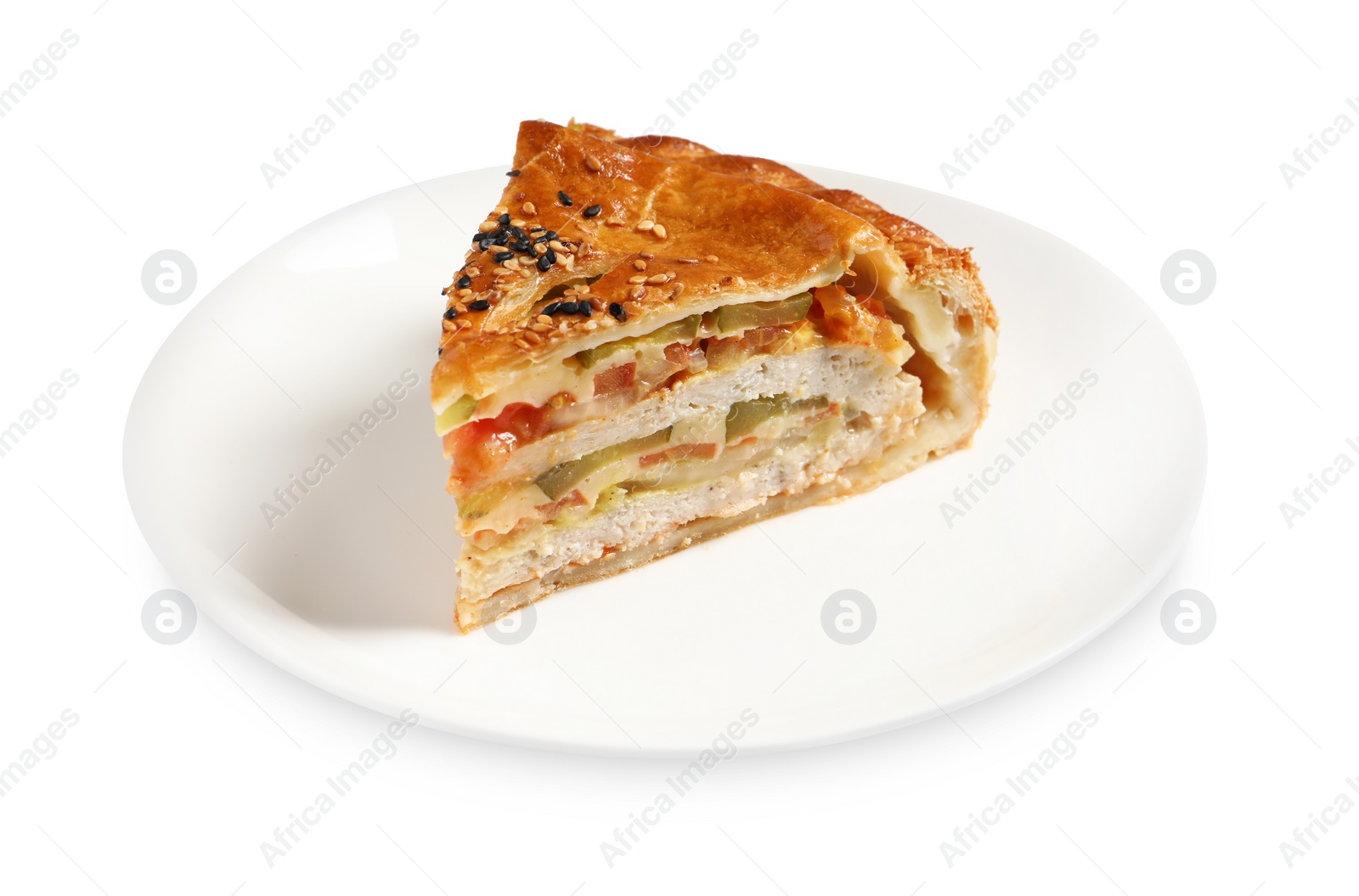 Photo of Piece of tasty homemade pie with filling isolated on white