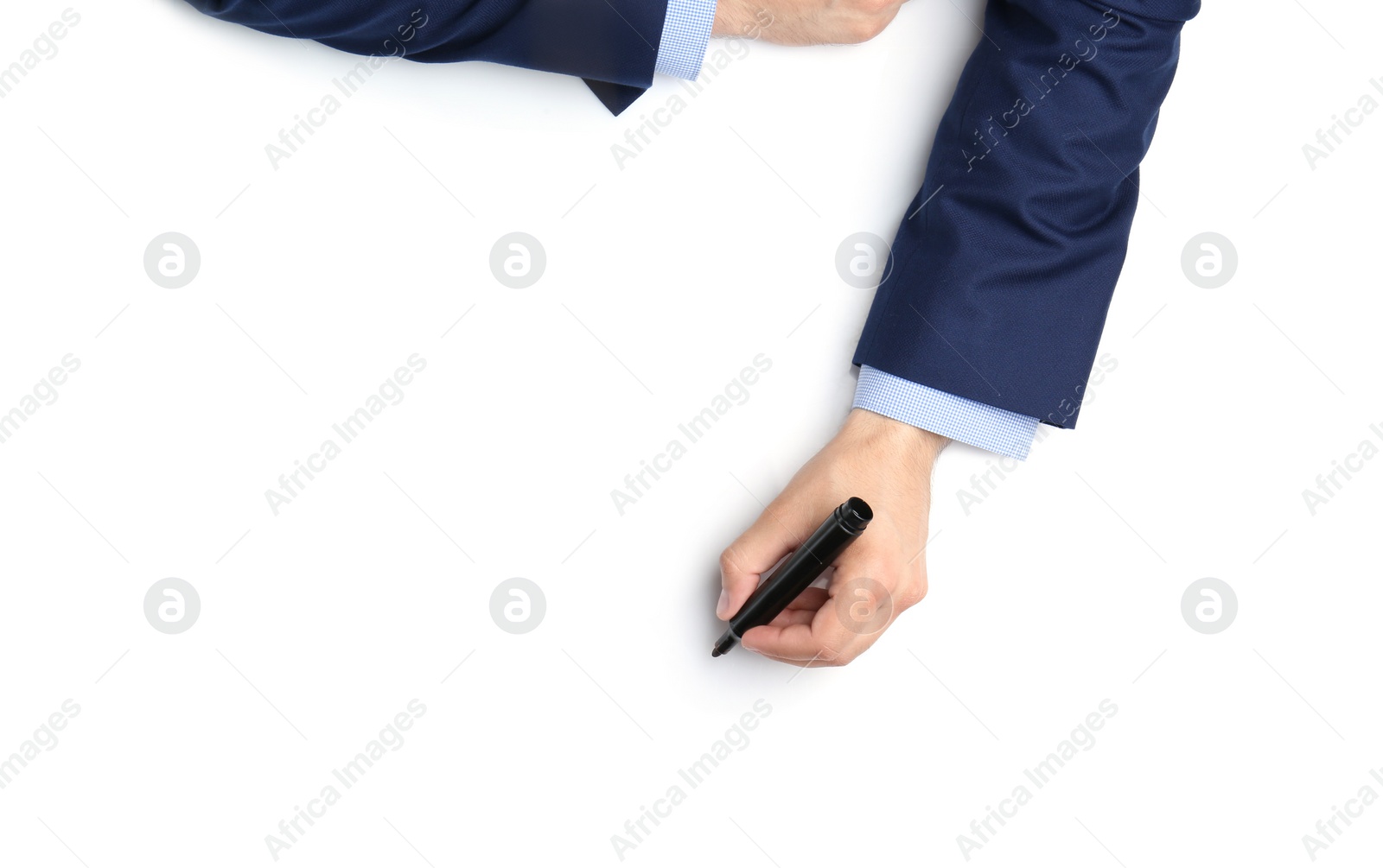 Photo of Man with marker on white background, top view. Closeup of hand