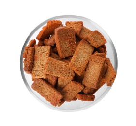 Photo of Crispy rusks in bowl isolated on white, top view