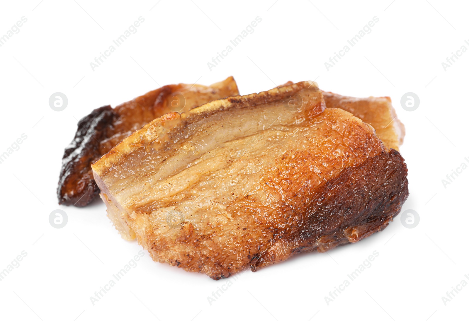 Photo of Tasty fried cracklings on white background. Cooked pork lard