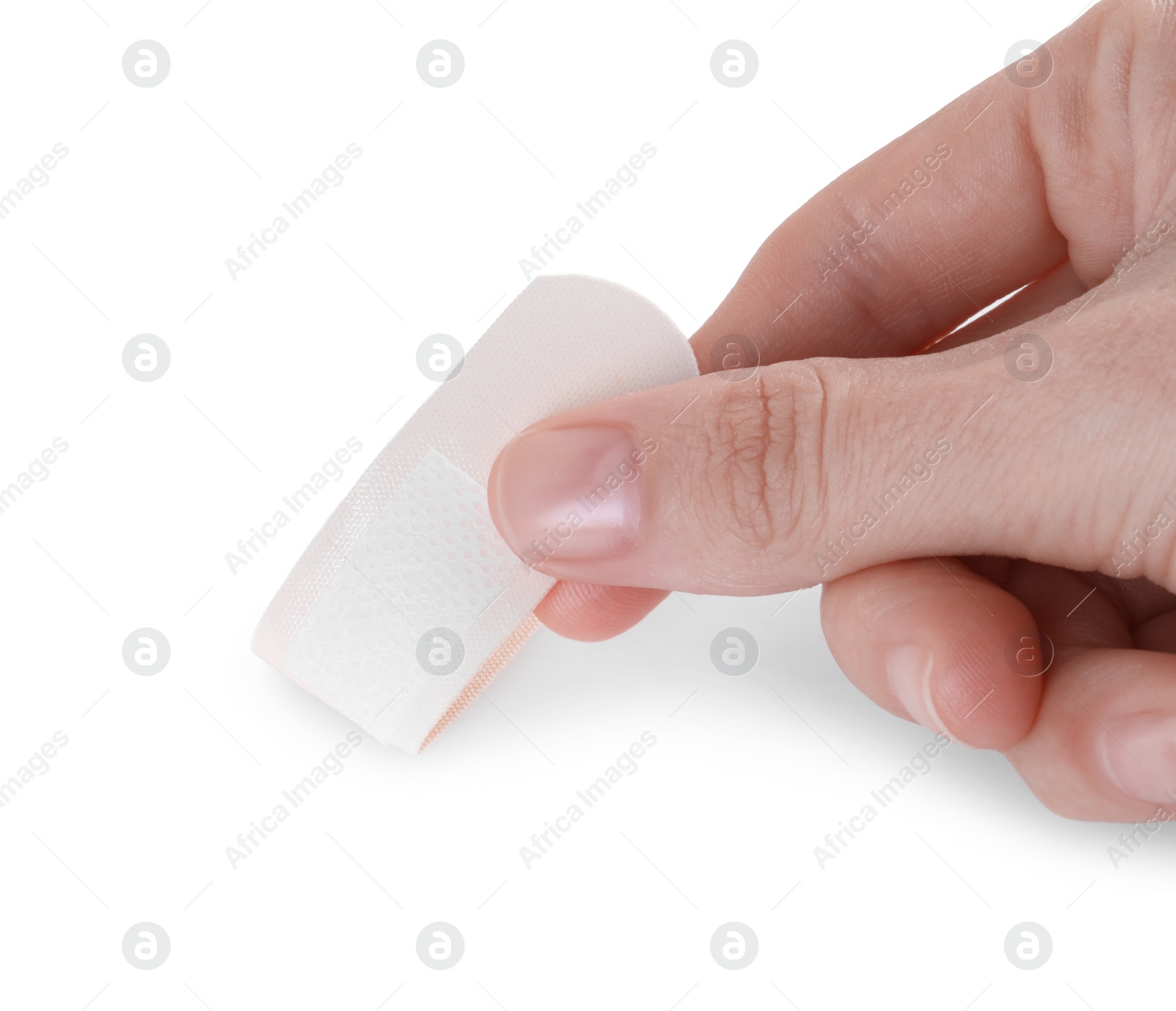 Photo of Woman with medical adhesive bandage isolated on white, closeup