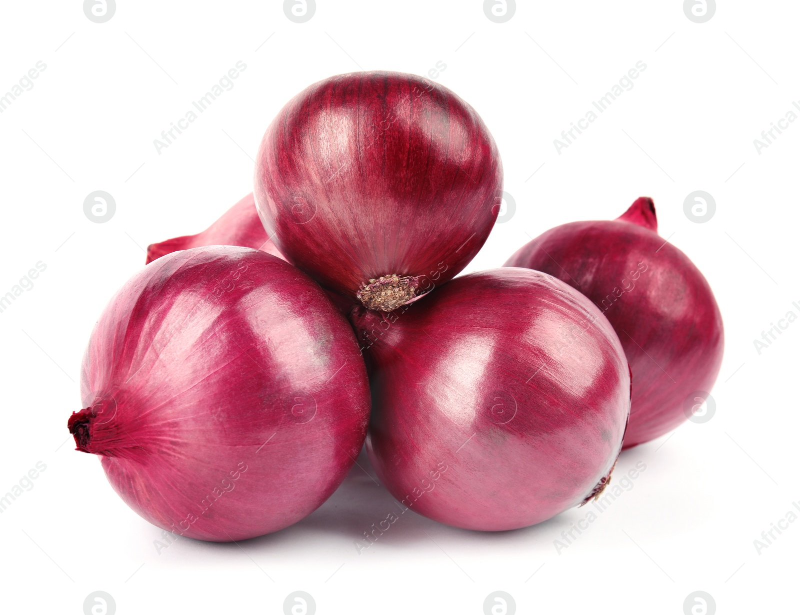 Photo of Fresh whole red onions on white background