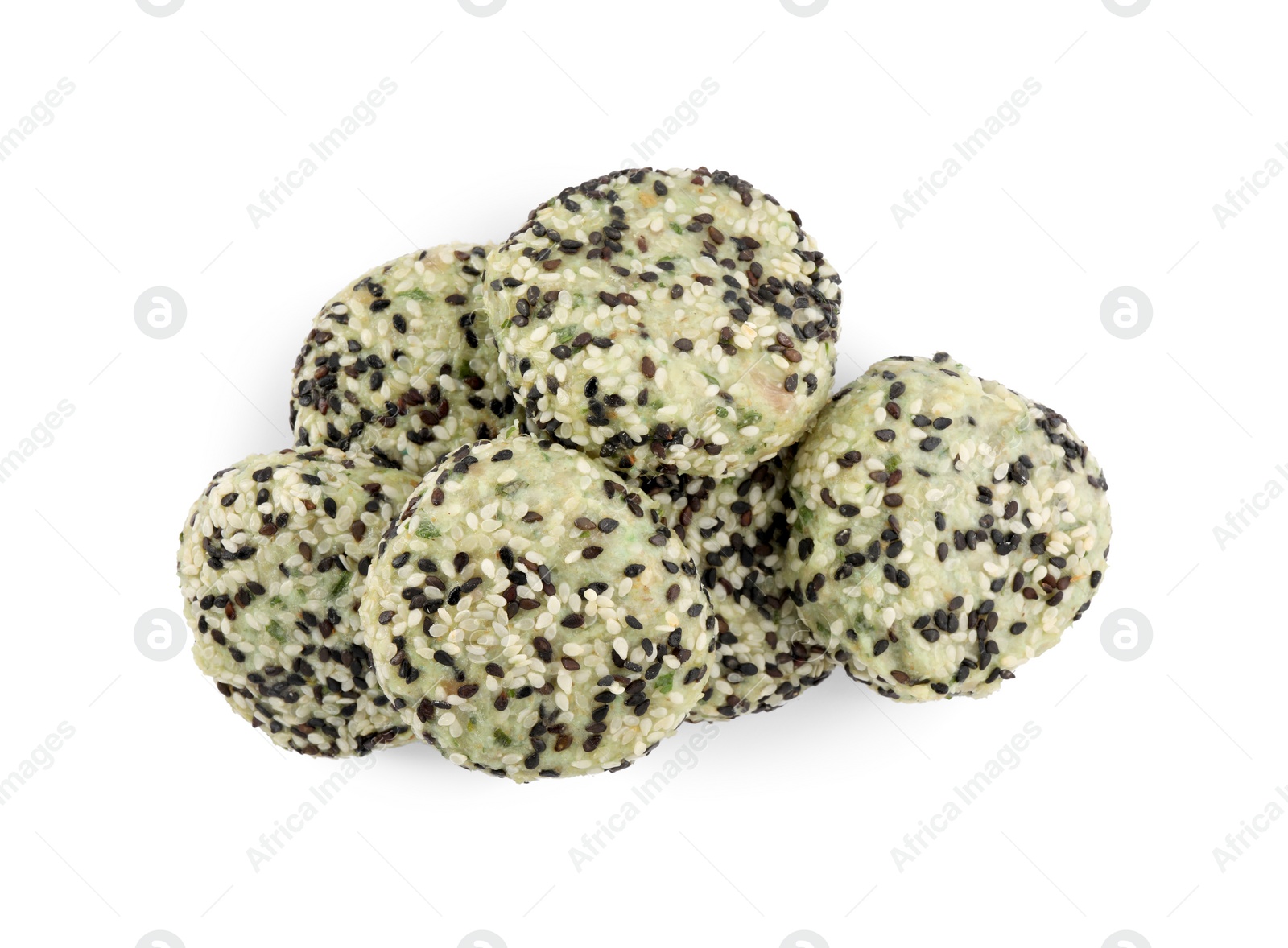 Photo of Vegan cutlets with sesame seeds isolated on white, top view