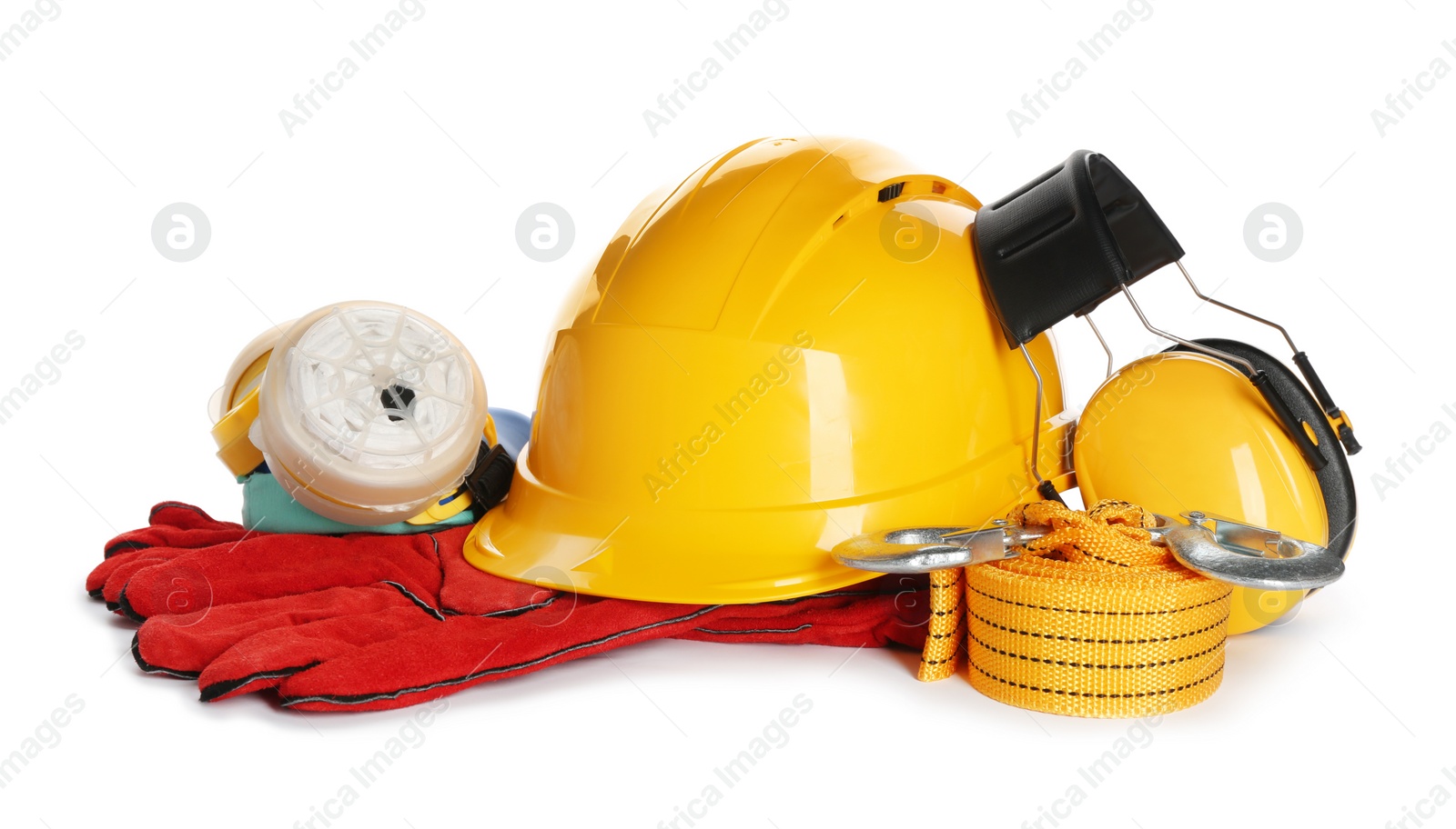 Photo of Protective workwear on white background. Safety equipment