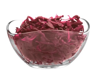 Photo of Bowl with tasty red cabbage sauerkraut isolated on white