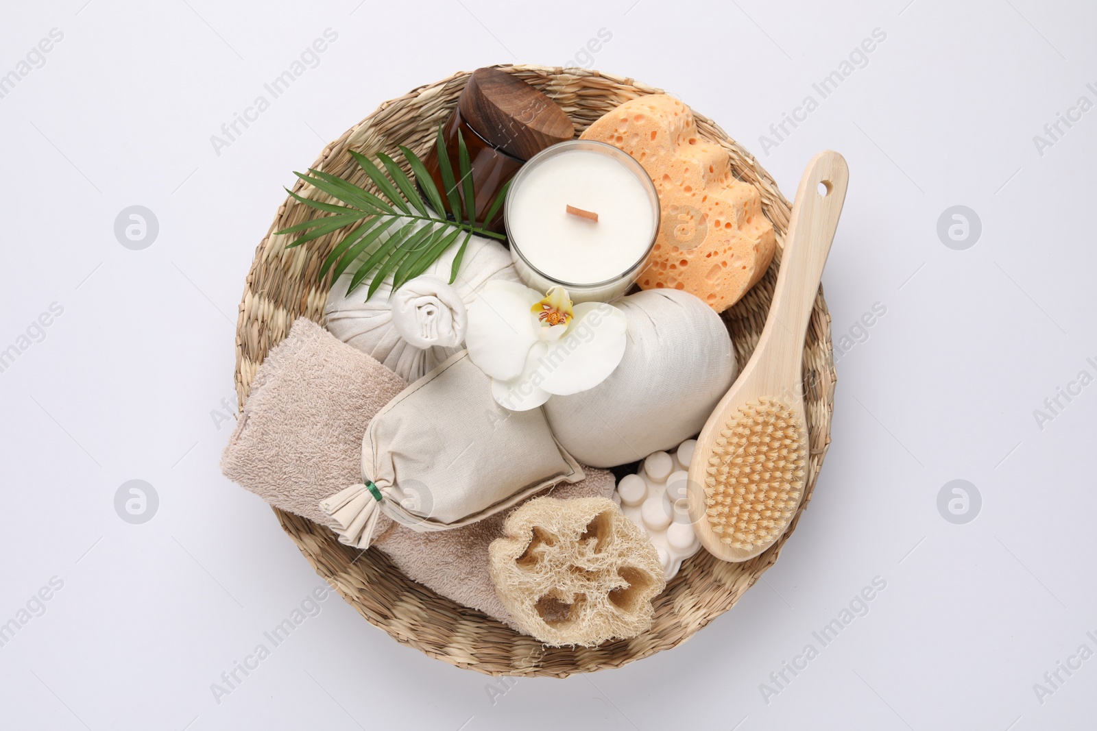 Photo of Beautiful composition with different spa products on white background, top view