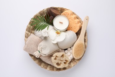 Photo of Beautiful composition with different spa products on white background, top view