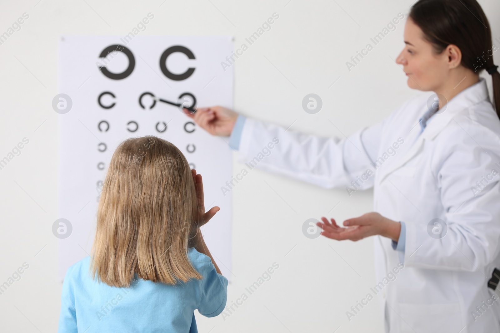 Photo of Ophthalmologist testing little girl's vision in clinic