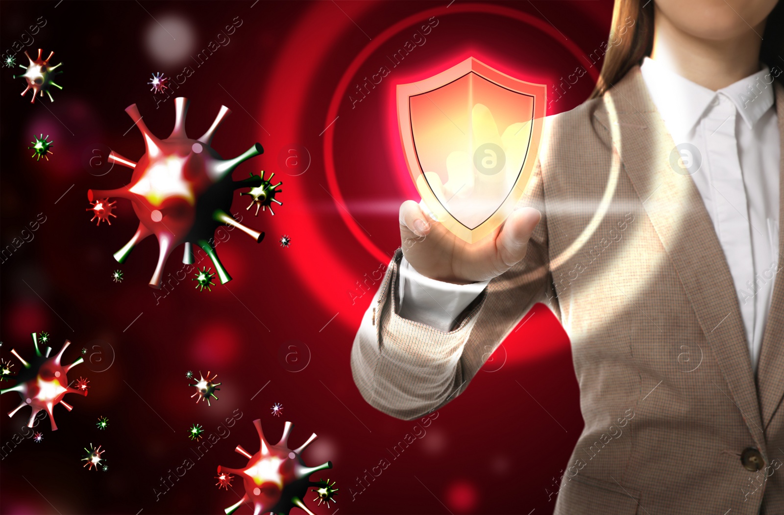 Image of Be healthy - boost your immunity. Woman activating shield icon as virus protection, closeup
