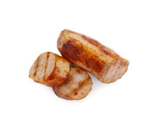 Photo of Tasty fresh grilled sausages isolated on white, top view