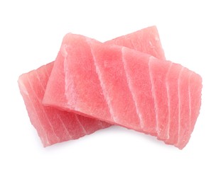 Tasty sashimi (pieces of fresh raw tuna) on white background, top view