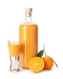 Photo of Tasty tangerine liqueur and fresh fruits isolated on white