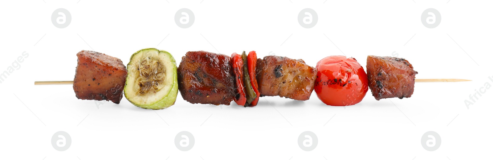 Photo of Delicious shish kebab with vegetables isolated on white