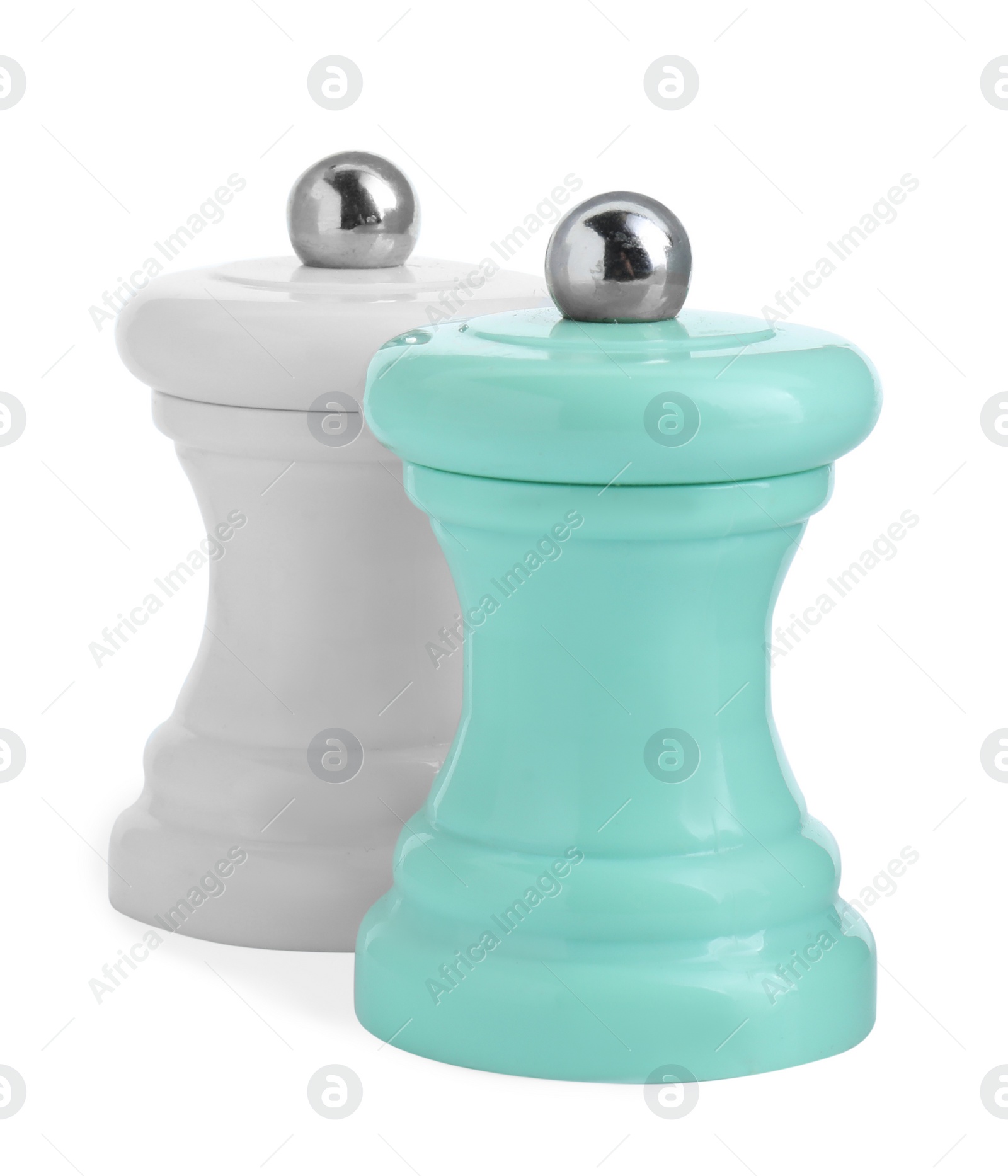 Photo of Salt and pepper shakers isolated on white