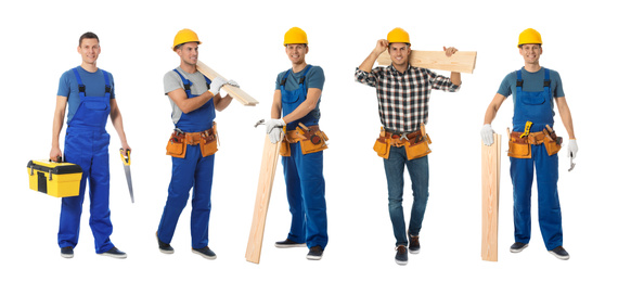 Collage of handsome carpenters on white background