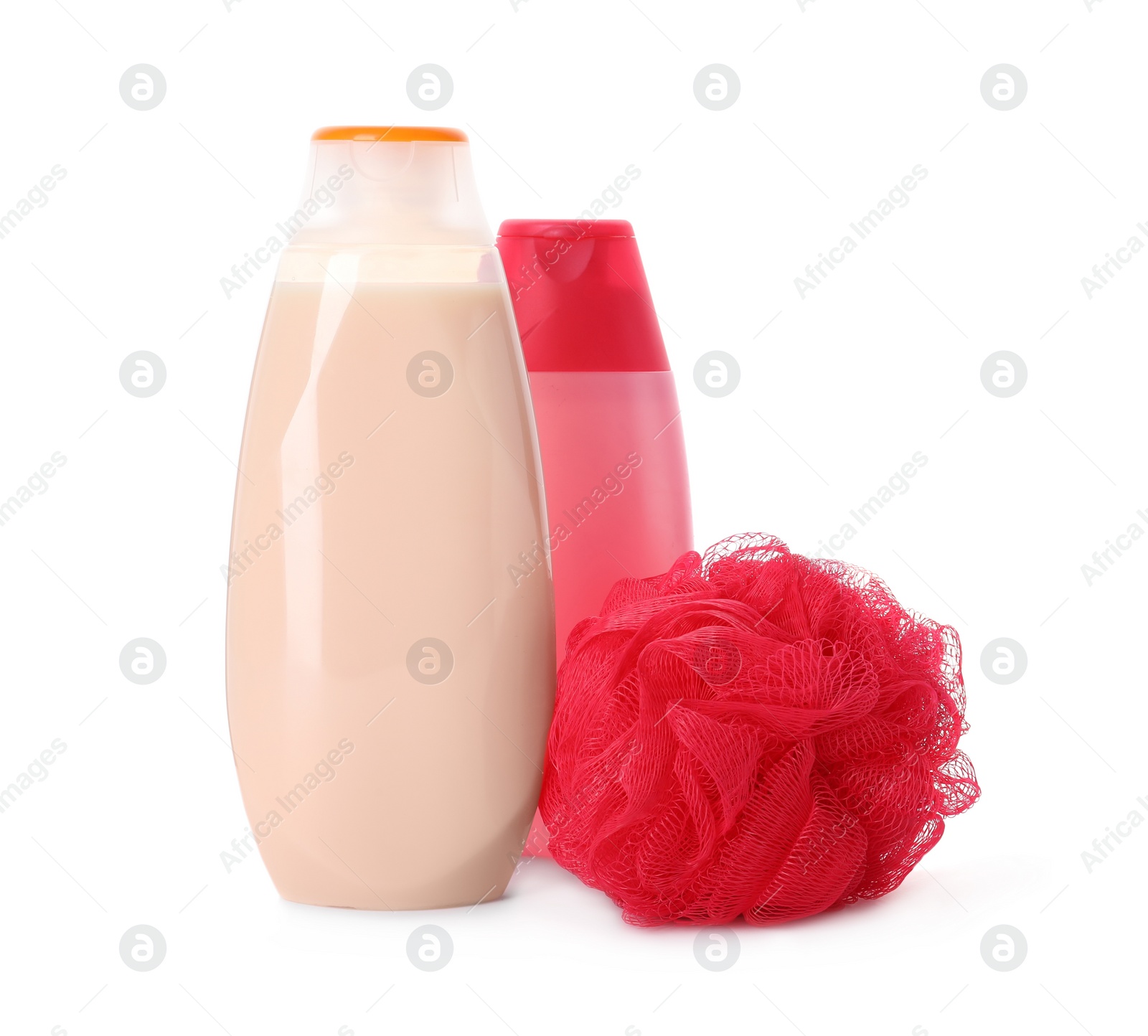 Photo of Personal hygiene products and shower puff on white background