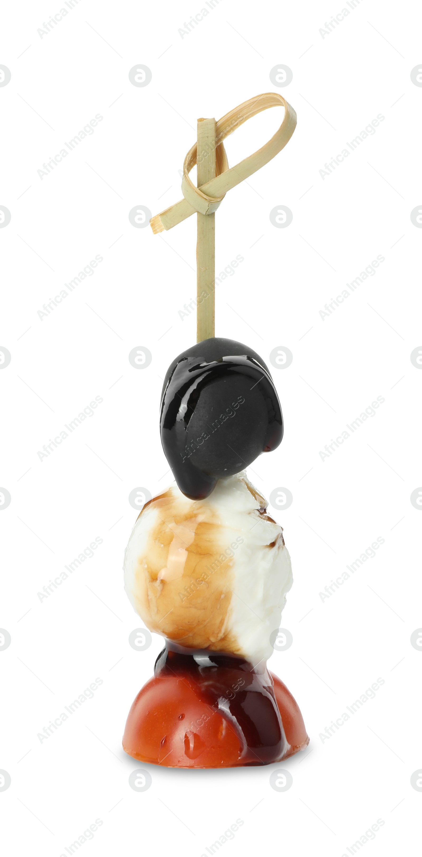 Photo of Tasty canape with black olive, mozzarella and cherry tomato isolated on white